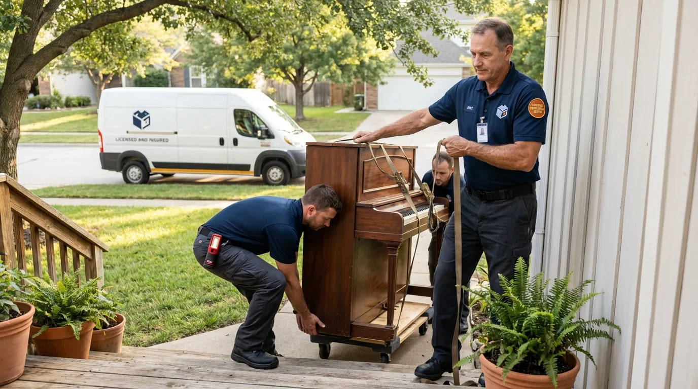 Licensed piano movers securing grand piano in Golden Meadow, LA