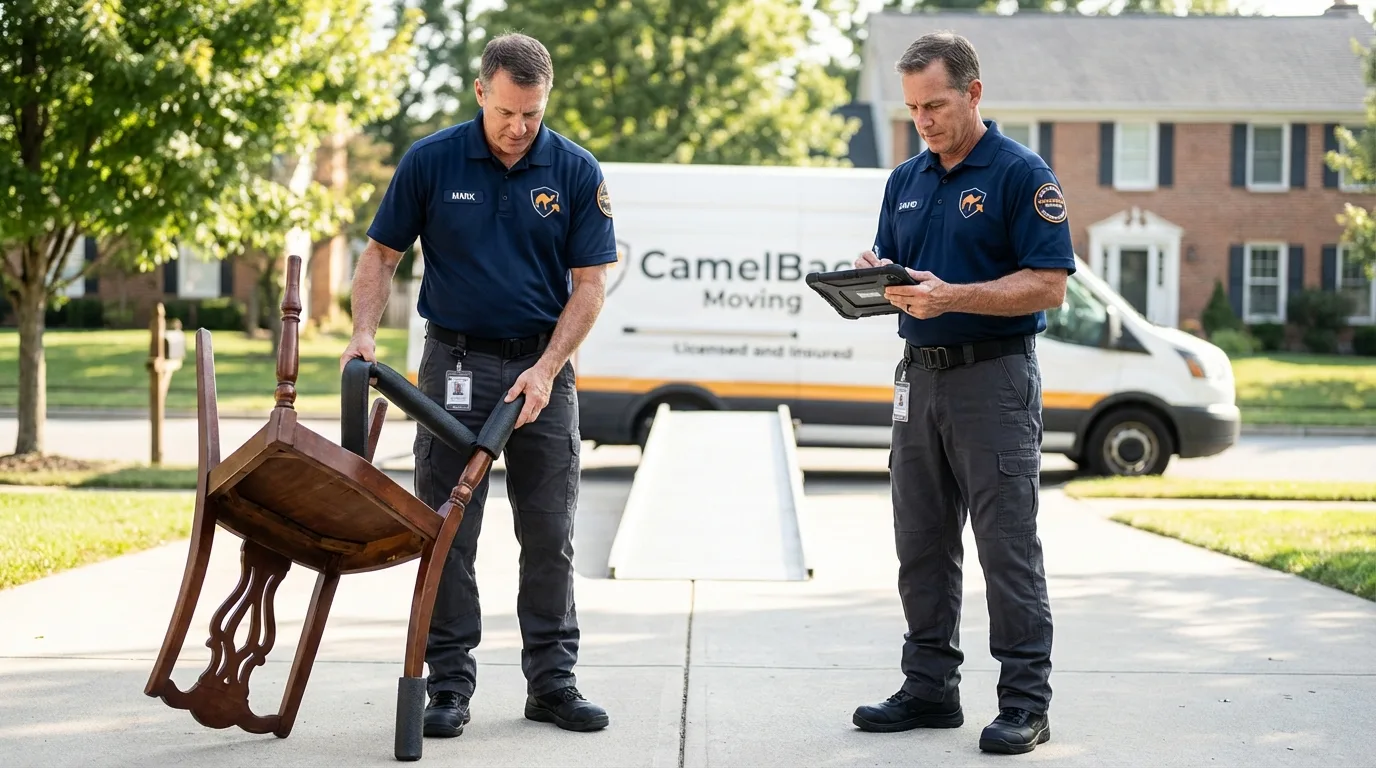 Movers inspecting furniture for damage prevention before loading in Golden Meadow, LA