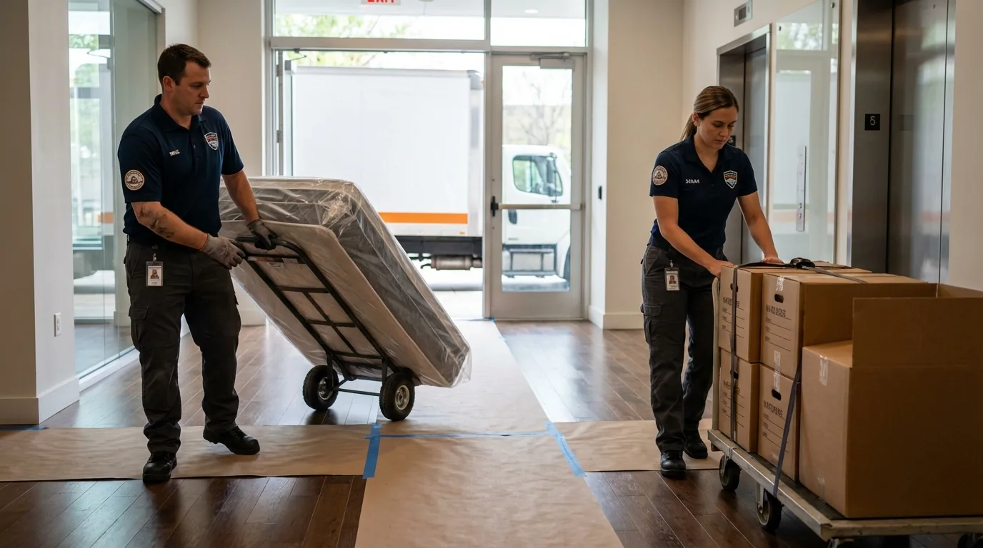Professional apartment movers loading elevator in Golden Meadow, LA