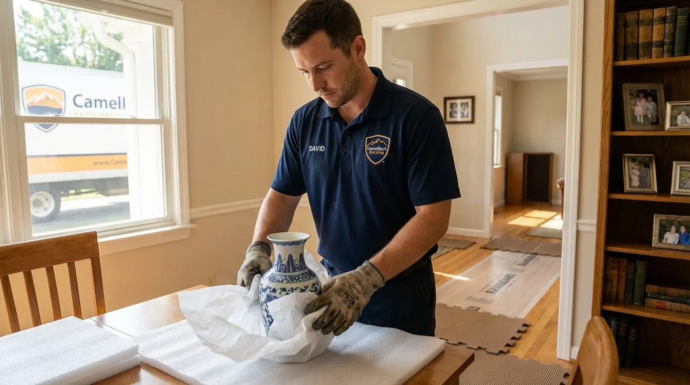 Professional crew carefully wrapping antique vase for senior downsizing move in Golden Meadow, LA